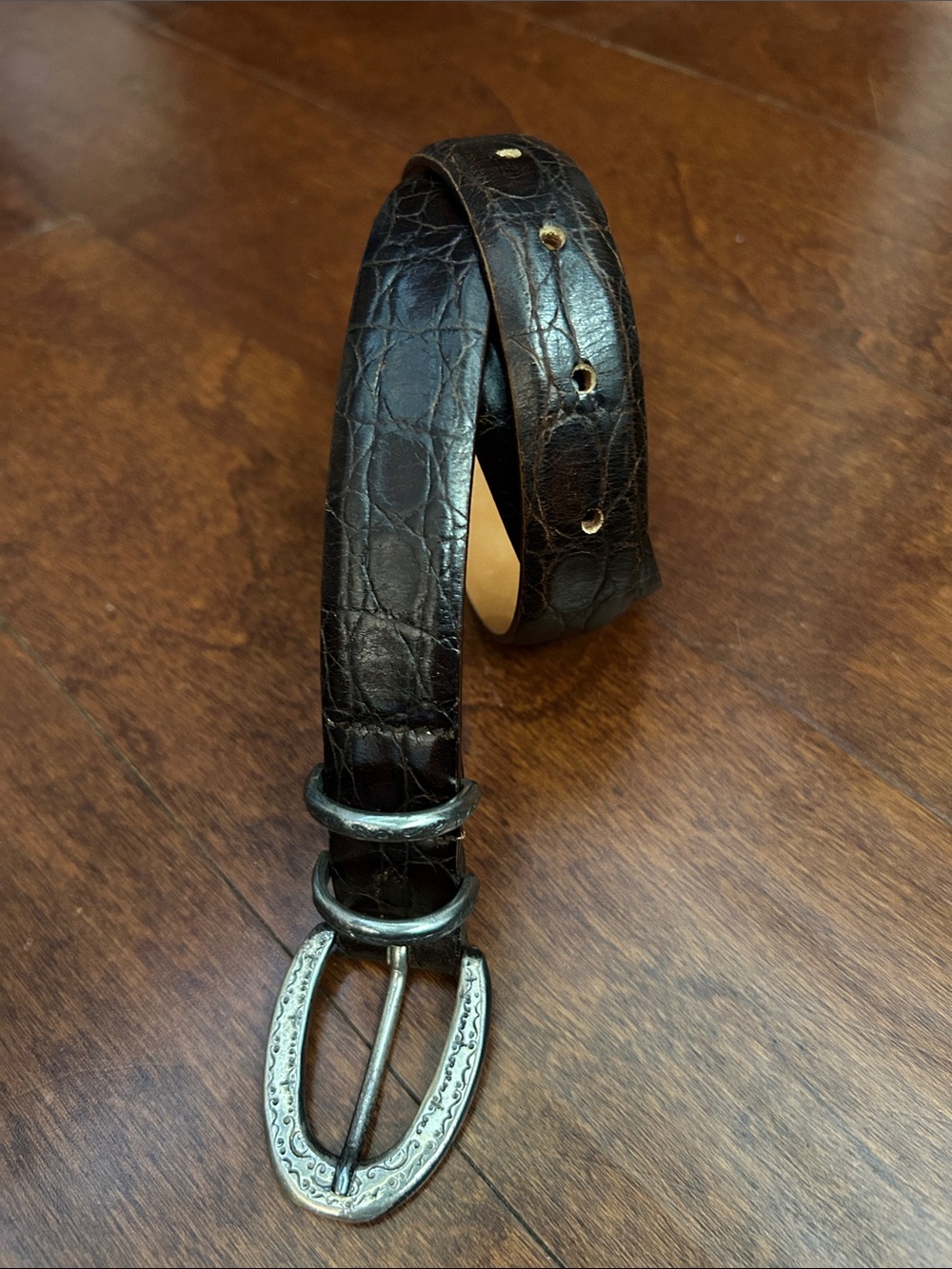 Harold Powell Womens Dark Brown Croc Embossed Leather Belt Silver Buckle, Size M